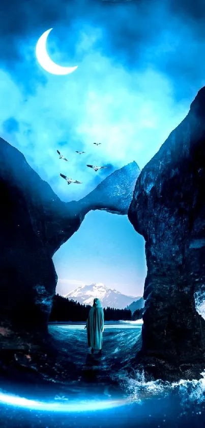 Mystical night landscape with crescent moon and rocky mountains.