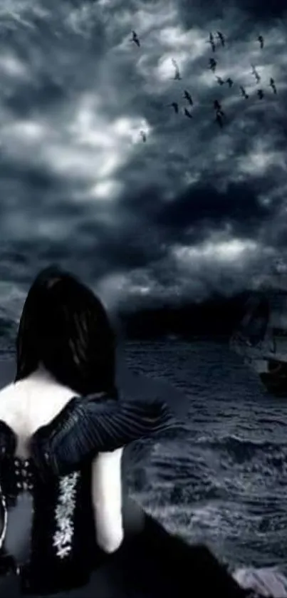 Ethereal dark ocean with figure in enchanting night.