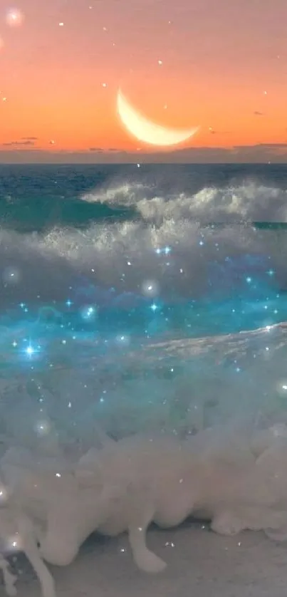 Crescent moon over sparkling ocean at dusk with glowing waves.