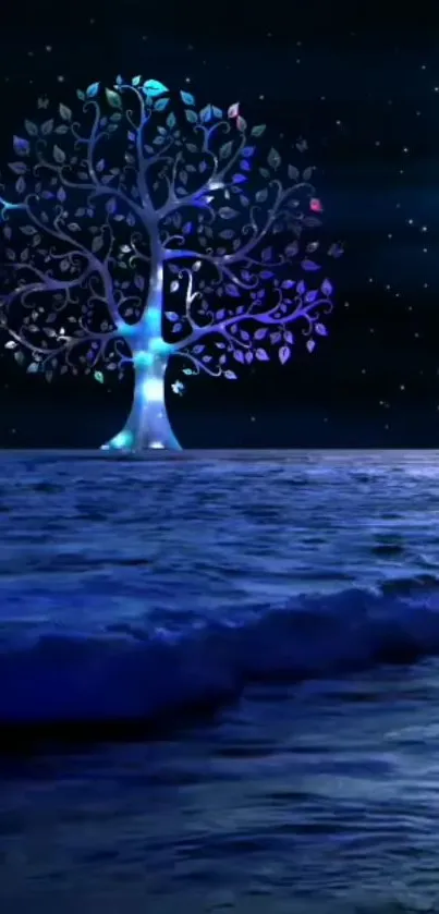 Mystical glowing tree on ocean shore at night.