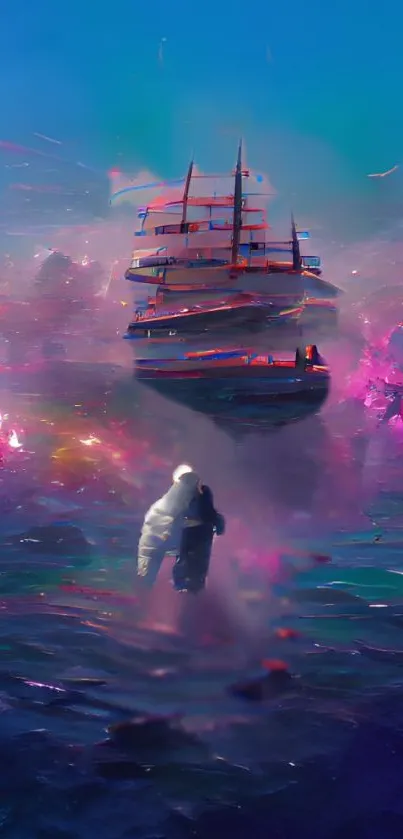 Vivid fantasy ship sails through a surreal vibrant scene.