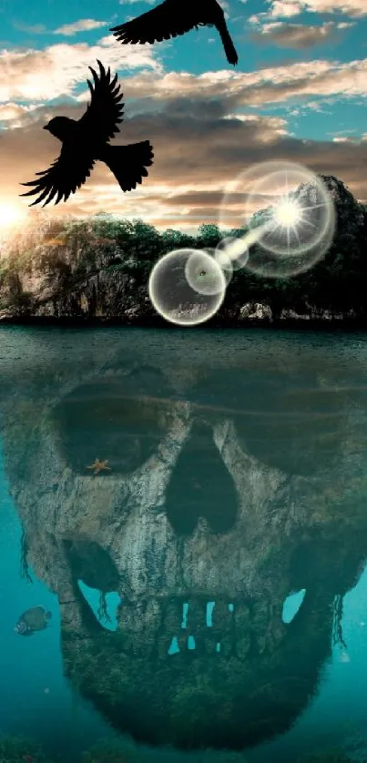 Fantasy ocean scene with skull island and birds.