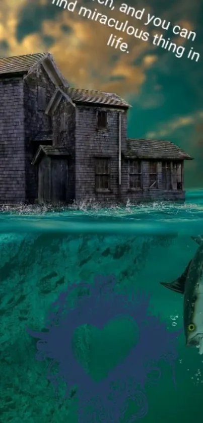 Fantastical underwater house in teal ocean.