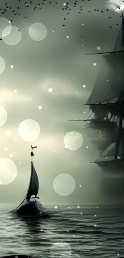 Serene sailboat and ship at dusk with mystical ocean theme.