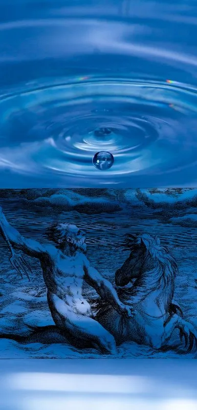 Mystical ocean blue ripple with ancient god art.