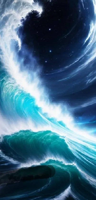 Mystical ocean wave under a starlit sky.