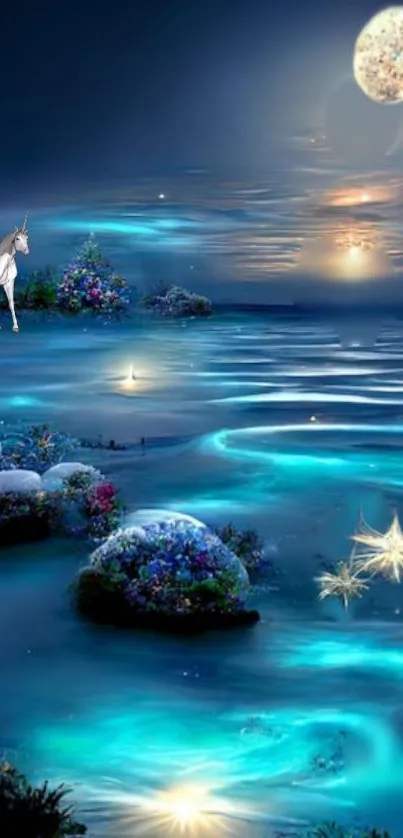 Enchanting nightscape with unicorn by a mystical ocean under moonlight.