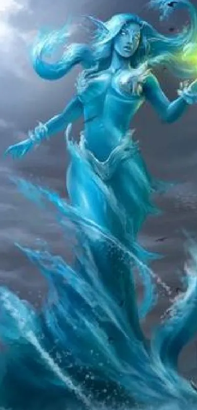 Fantasy artwork of a mystical blue figure rising from ocean waves.