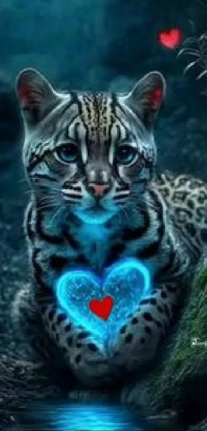 Ocelot with a glowing blue heart in a mystical forest setting.