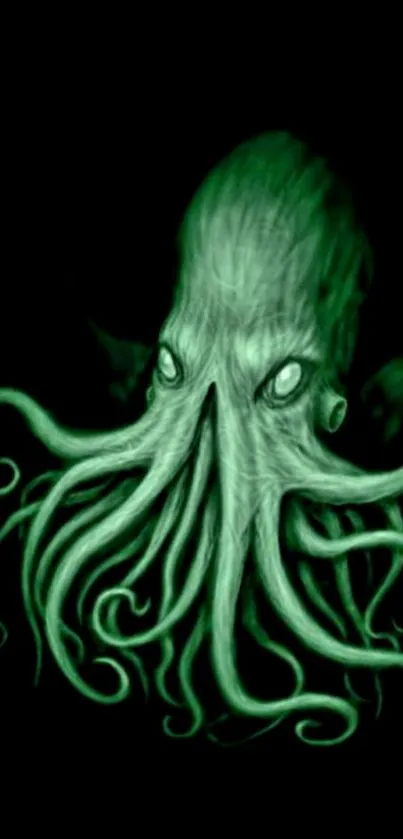 Mystical dark green octopus wallpaper with glowing tentacles.