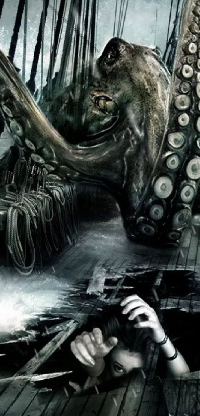 Dark art of an octopus on a ship with a mysterious figure below deck.