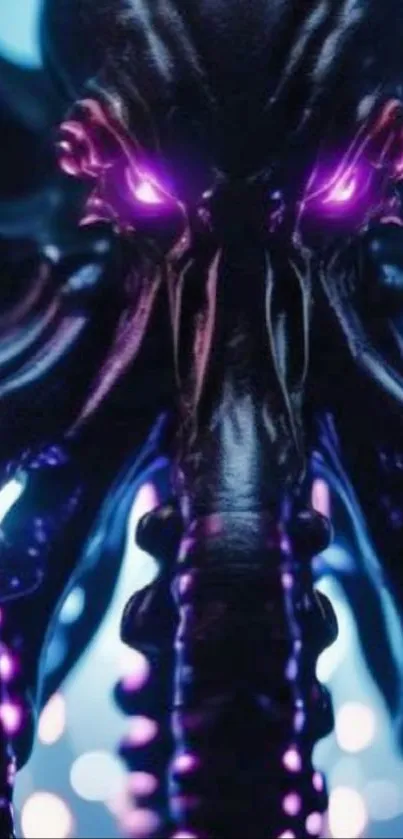 Mystical octopus with glowing neon purple eyes
