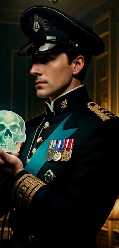 Military officer holds a glowing skull in dramatic lighting.