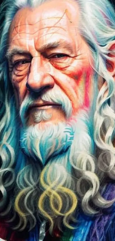 Colorful painting of a mystical old man with a long white beard.