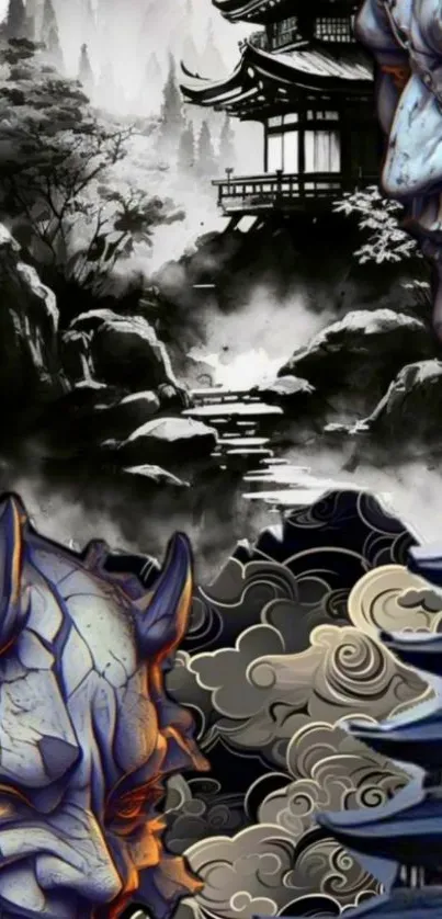 Fantasy Oni masks in serene Japanese setting.