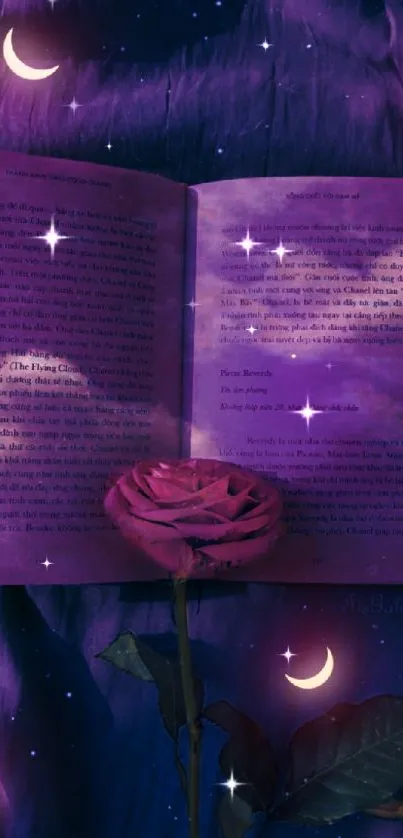 Mystical wallpaper with an open book, rose, and moonlit night sky.