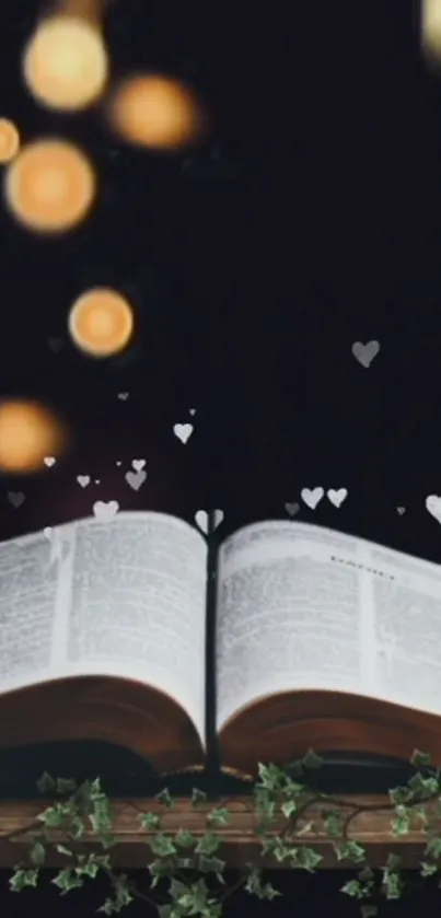 Open book with bokeh lights and ivy on mobile wallpaper.