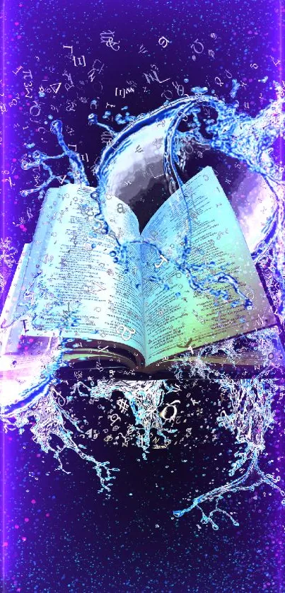 A mystical open book with water splash effect against a dark background.