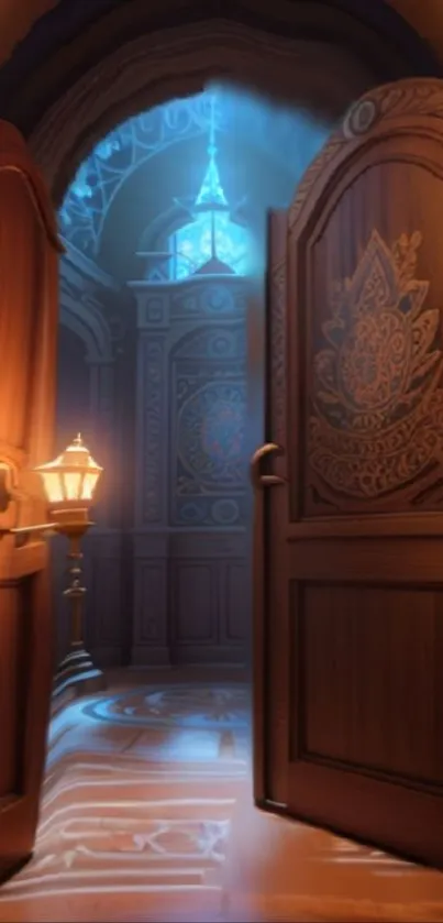 Mystical open doorway with warm light and ornate wooden doors.