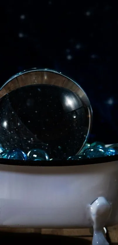 Crystal orb in a bowl of blue marbles with a dark starry background.