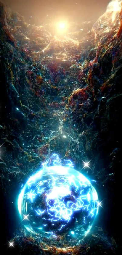 Mystical orb glowing in a cosmic landscape with vibrant blue hues.