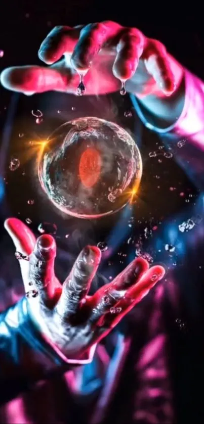 Mystical orb in hands with vibrant dark pink glow.