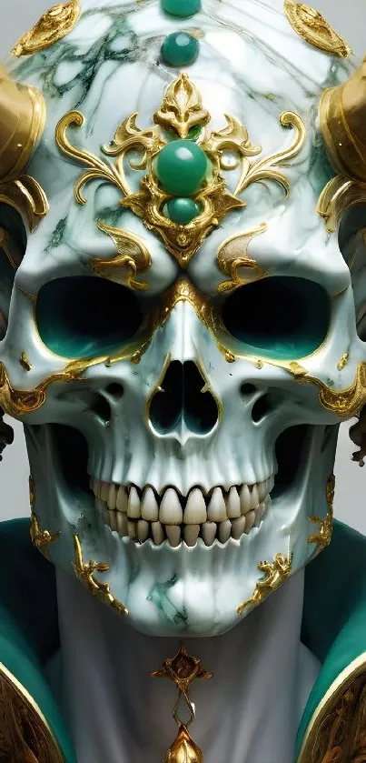 Intricately designed skull with gold accents and teal ornamentation.