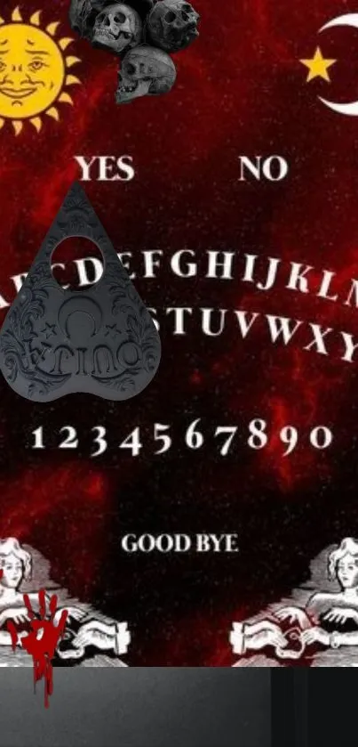 Mystical Ouija board wallpaper with red and dark theme, featuring sun, moon, and letters.