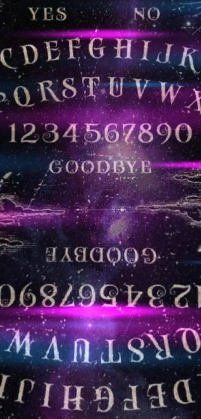 Mystical Ouija board phone wallpaper in vibrant purple hues.