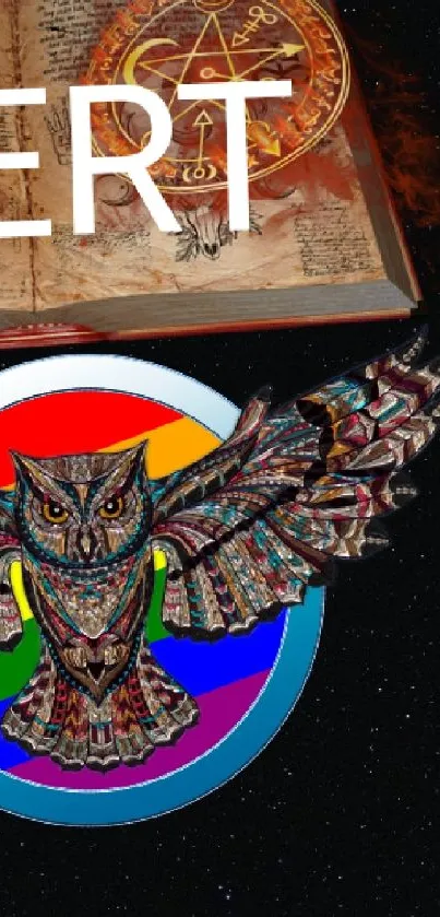 Colorful owl and magical book on a cosmic themed mobile wallpaper.