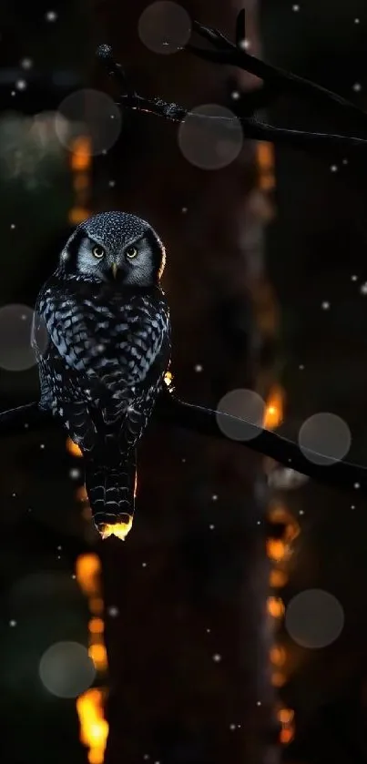 Owl perched in dark forest with glowing background.