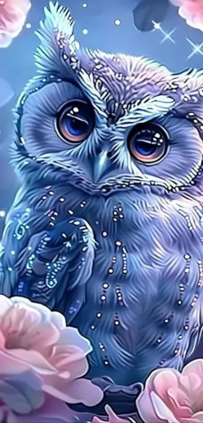 Mystical owl surrounded by blossoms in enchanting scene.