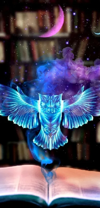 Mystical owl emerging from open book with cosmic elements in the background.