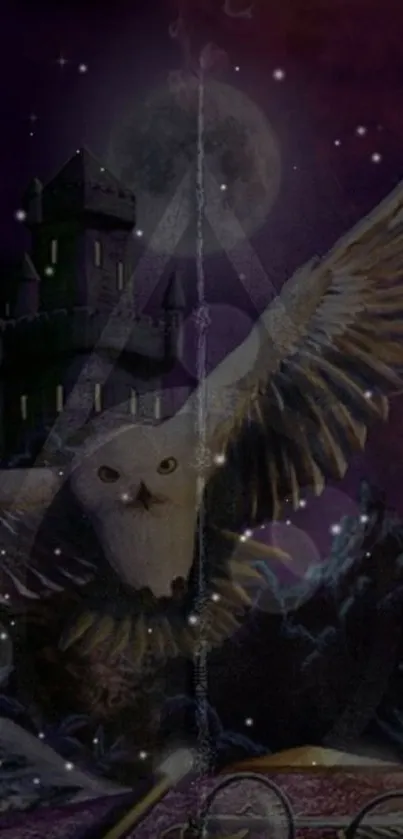 Mystical owl and castle under moonlit night.