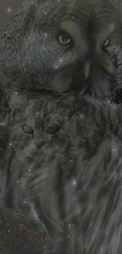 Mystical owl and cat blend in dark-themed wallpaper.