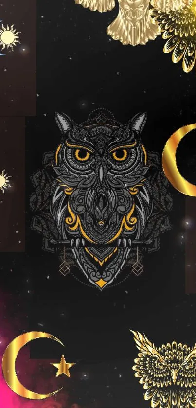 Mystical owl and celestial moon design on black background wallpaper.