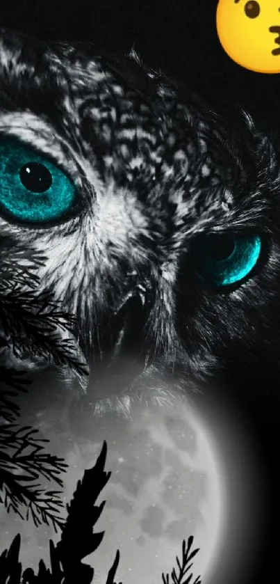 Owl with vibrant blue eyes against a moonlit background and trees.