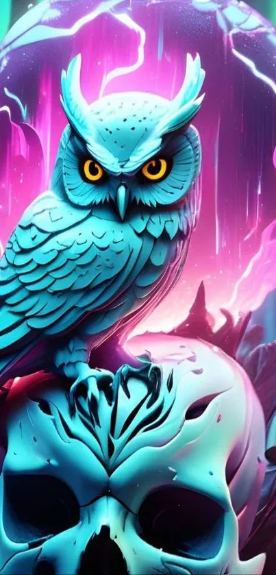 Blue owl perched on a skull with neon background.