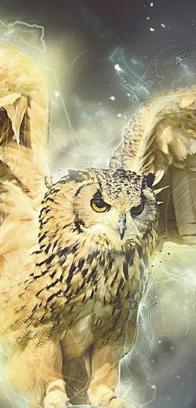 Mystical owl with golden wings in abstract background.