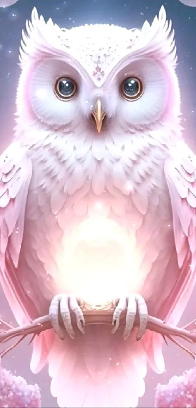 A mystical owl with pink hues sits in an enchanting forest.