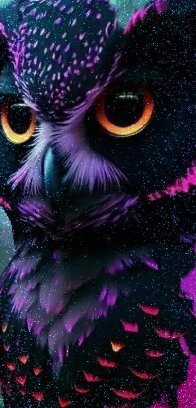 Mystical purple owl with vibrant colors and a galaxy theme.