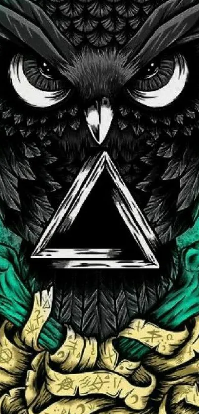 Mystical owl artwork with triangle and vibrant green hues on mobile wallpaper.