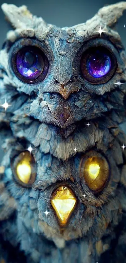 Mystical owl with glowing eyes on textured feathers, captivating art wallpaper.