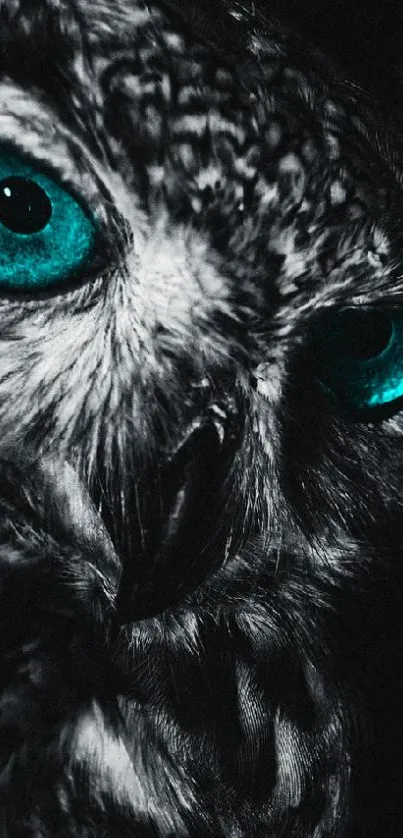 Close-up of a mystical owl with teal eyes.