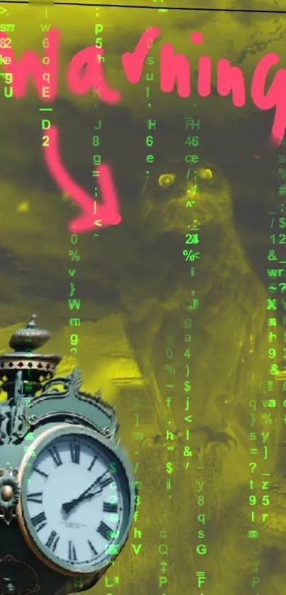 Matrix-style owl and clock wallpaper with neon yellow-green tones.