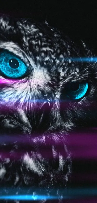 Mystical owl with striking blue eyes in a dark background.