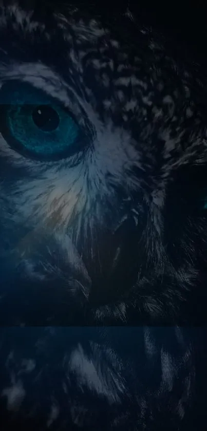 Close-up of a mystical owl with vibrant teal eyes in the dark.