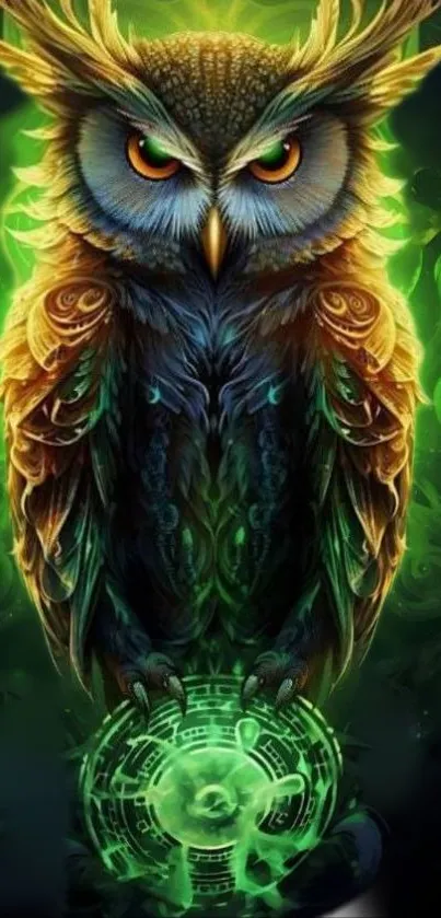 Mystical owl with glowing green aura in fantasy art wallpaper.