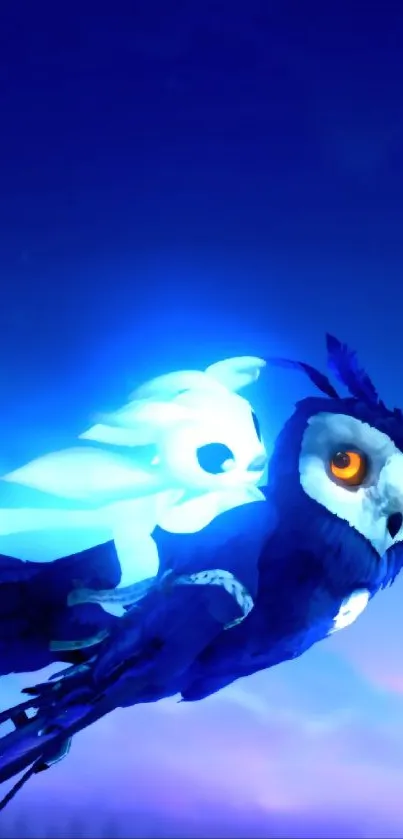 Fantasy owl with ethereal blue glow on a mystical background.