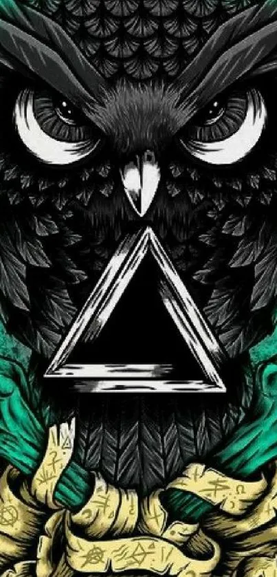 Mystical owl with geometric triangle symbol in vibrant teal hues.